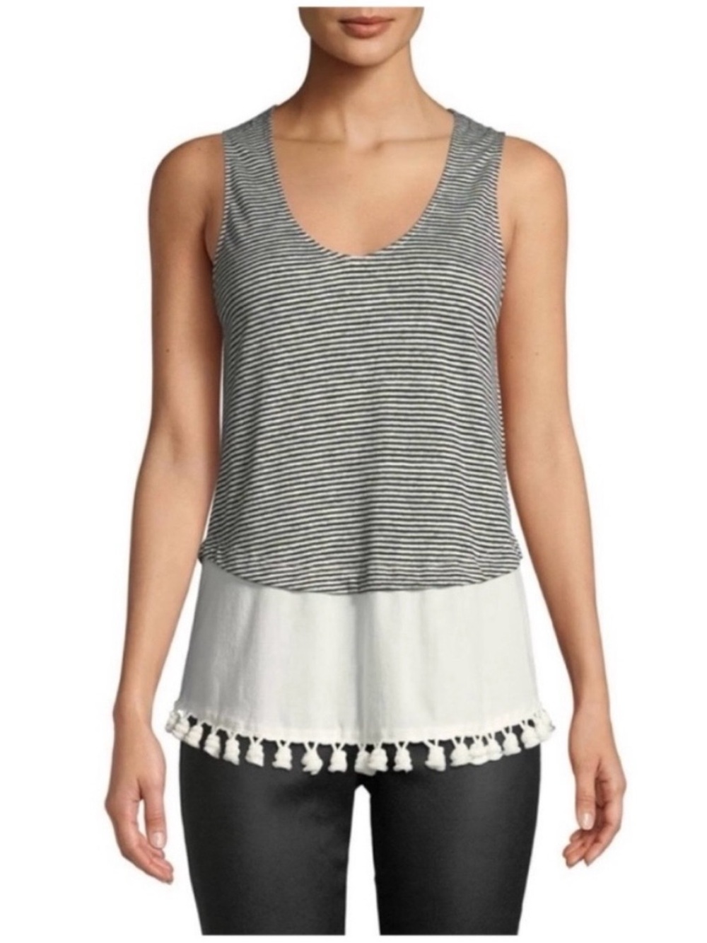 Derek Lam 10 Crosby tank top black white striped tiered pom poms sleeveless